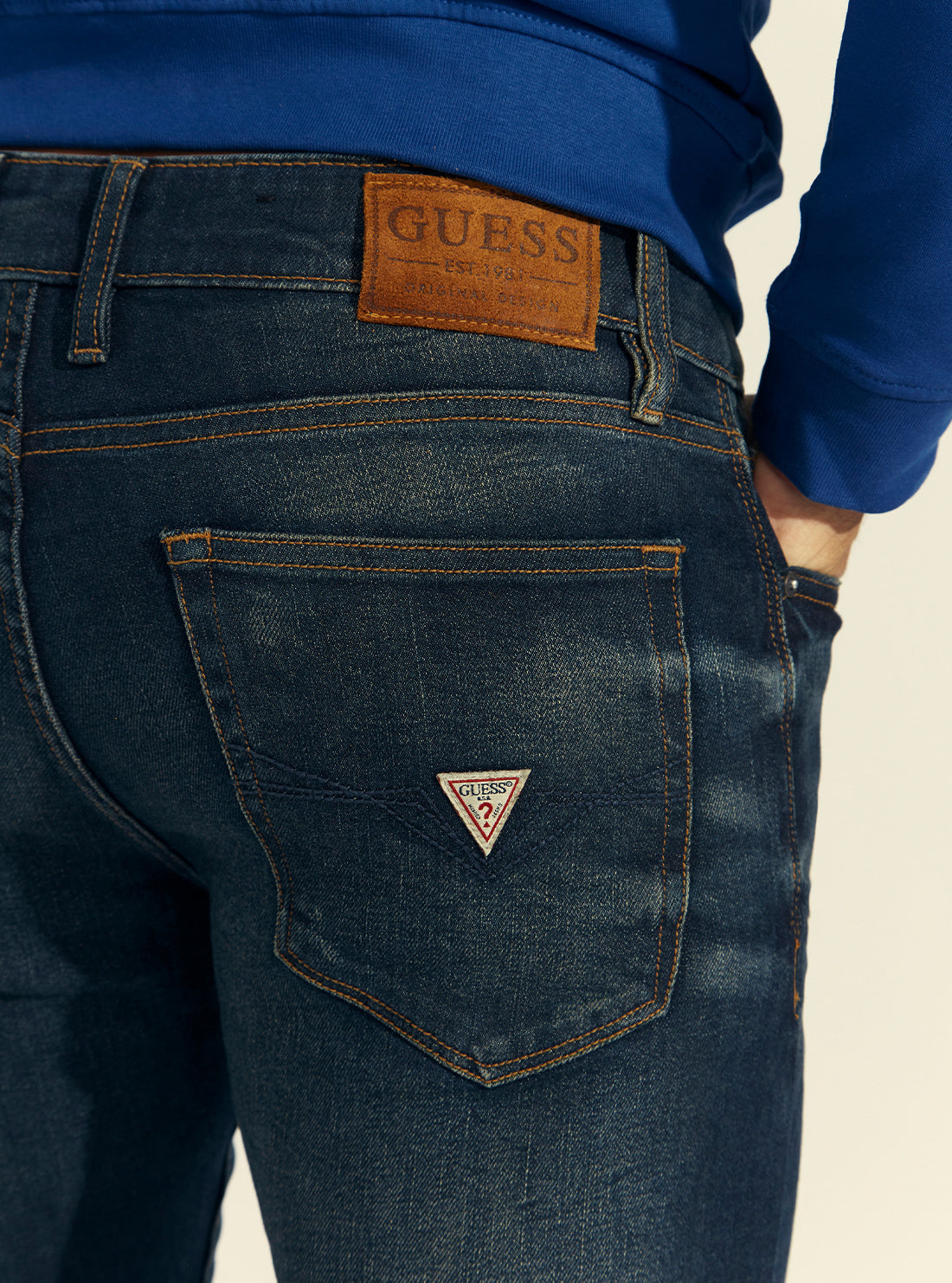 GUESS Mens Mid-Rise Slim Tapered Denim Jeans in Dark Blue Wash M1BAS2D4I41 Detail View