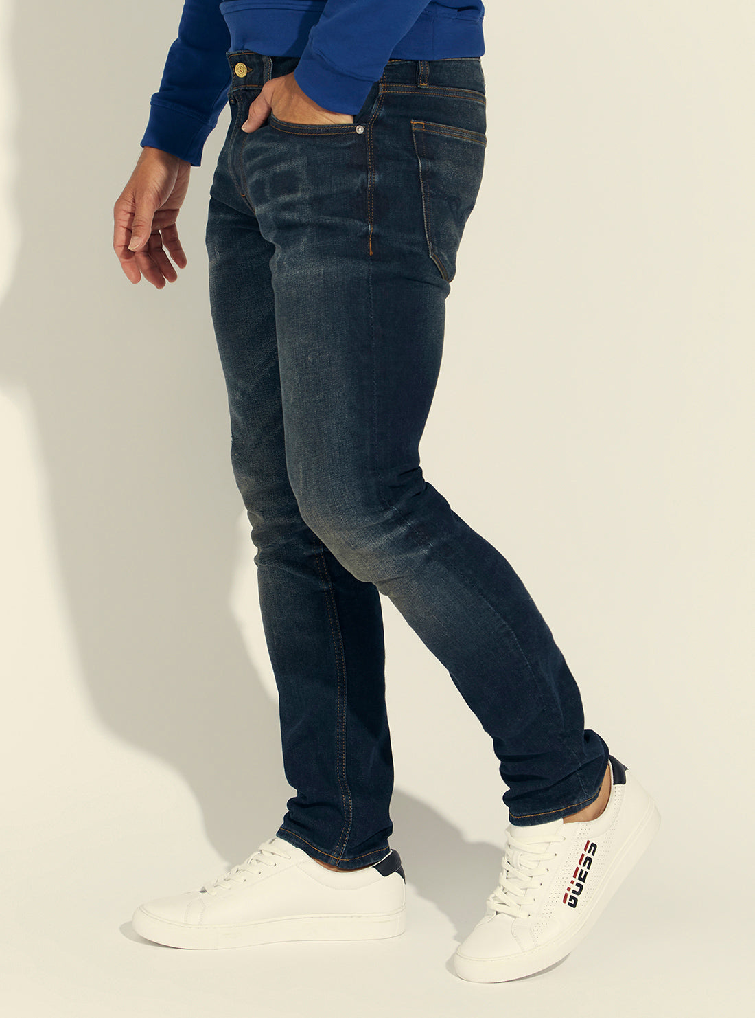 GUESS Mens Mid-Rise Slim Tapered Denim Jeans in Dark Blue Wash M1BAS2D4I41 Side  View