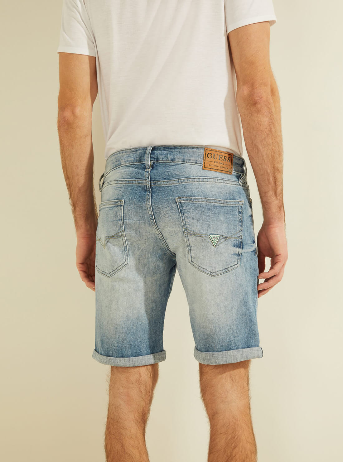 GUESS Mens Mid-Rise Sonny Faded Denim Shorts M1GD01D4B73 Back View