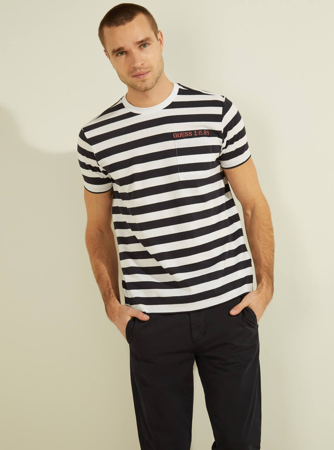 GUESS Mens Navy Nautical Striped T-Shirt M1GP03RAPI0 Front View