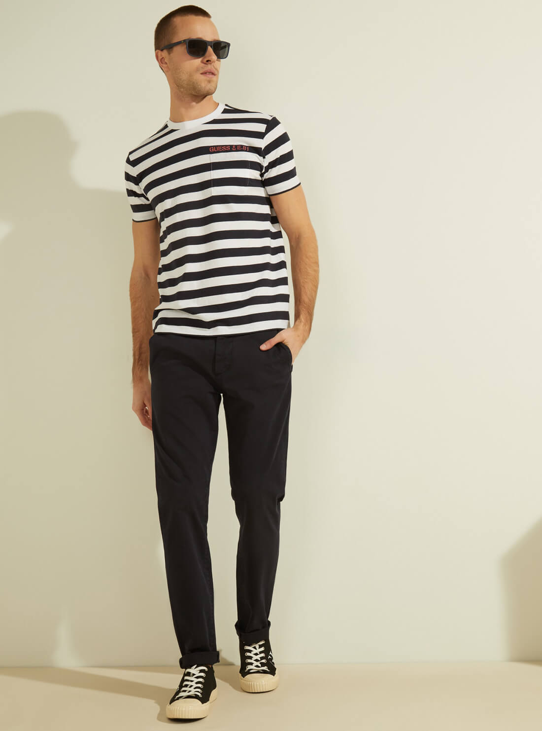 GUESS Mens Navy Nautical Striped T-Shirt M1GP03RAPI0 Full View