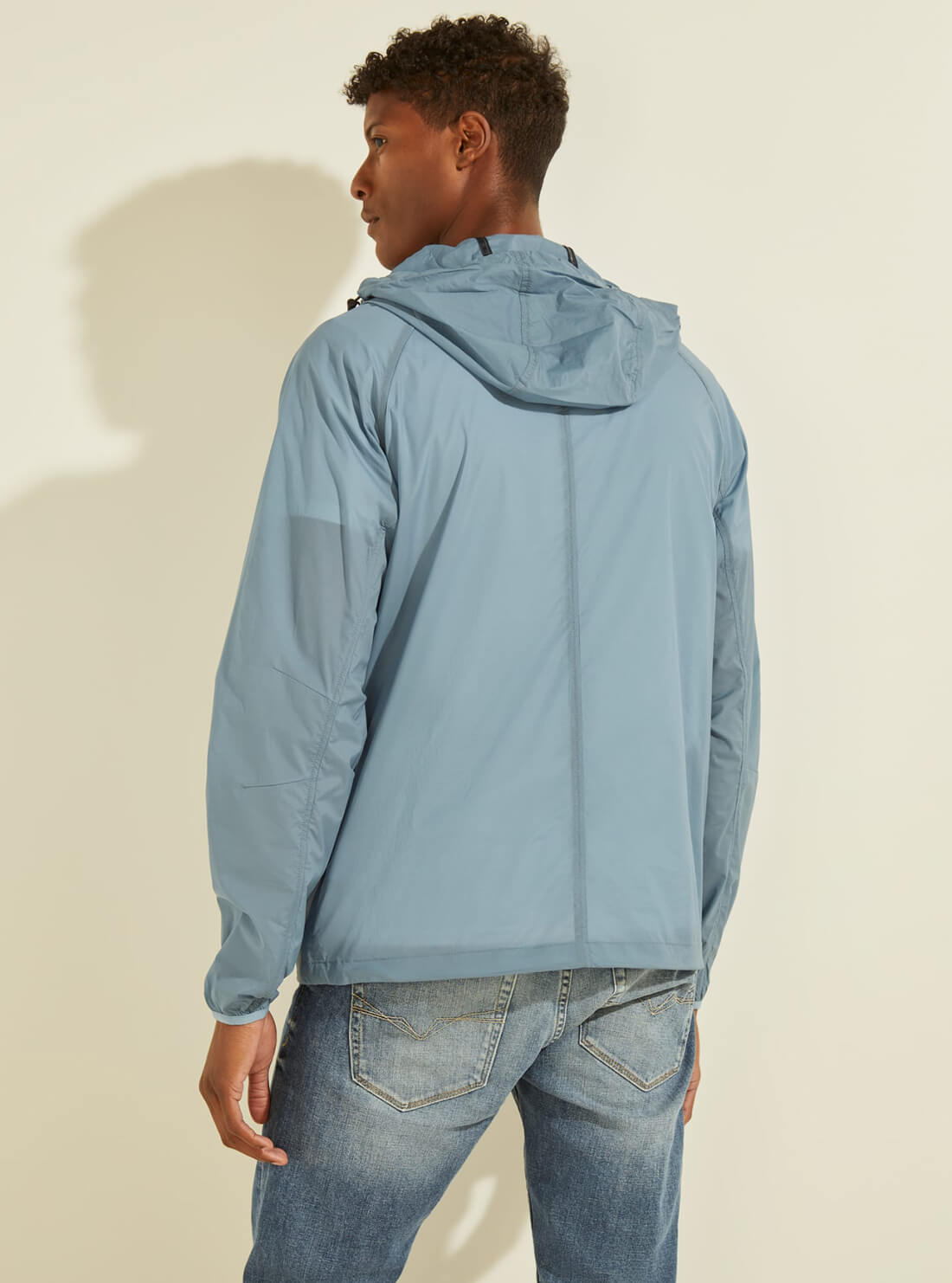 GUESS Mens Cloud Blue Nylon Logo Windbreaker Jacket U1GA05WO05L Back View