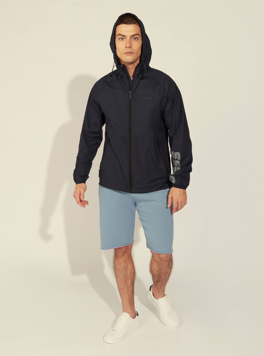 GUESS Mens Dark Navy Nylon Logo Windbreaker Jacket U1GA05WO05L Full Hood View