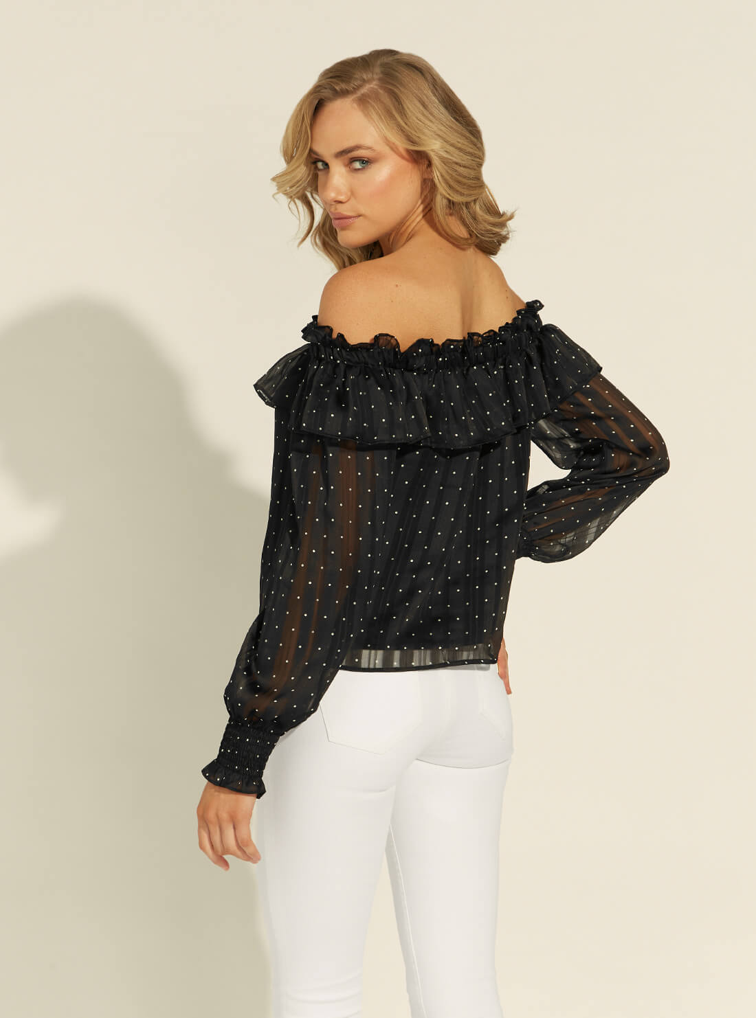 GUESS Womens Black Off-Shoulder Polka Dot Mirella Top  W1YH0SWE0R0 Back View