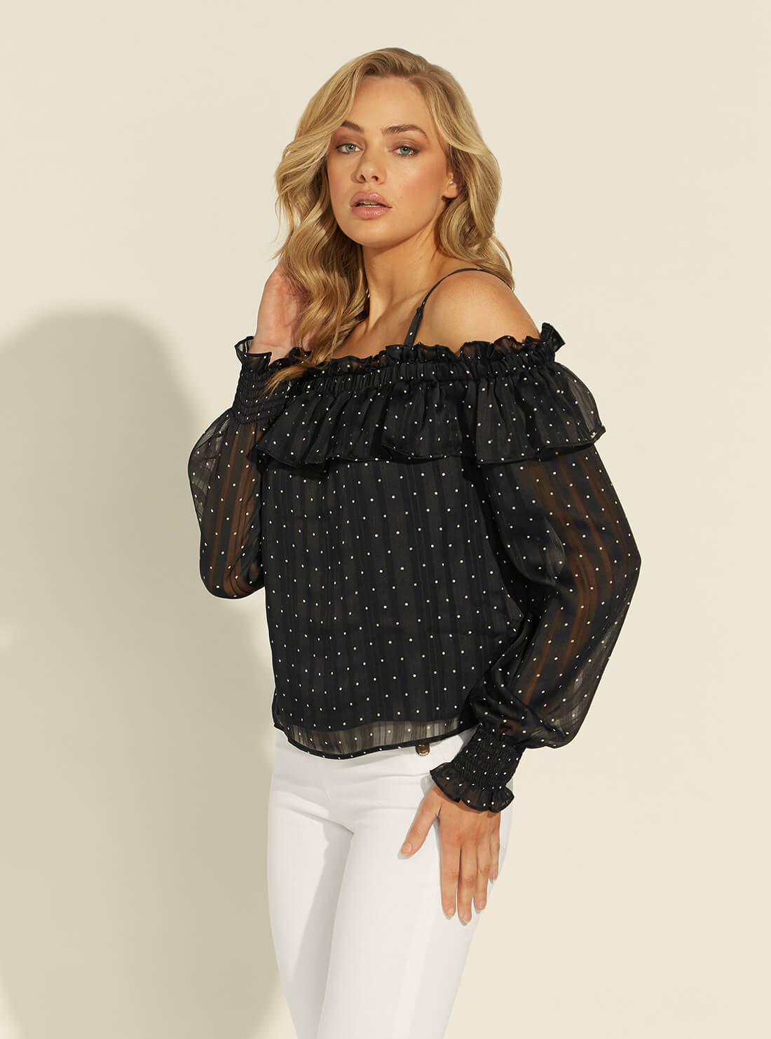 GUESS Womens Black Off-Shoulder Polka Dot Mirella Top  W1YH0SWE0R0 Side View