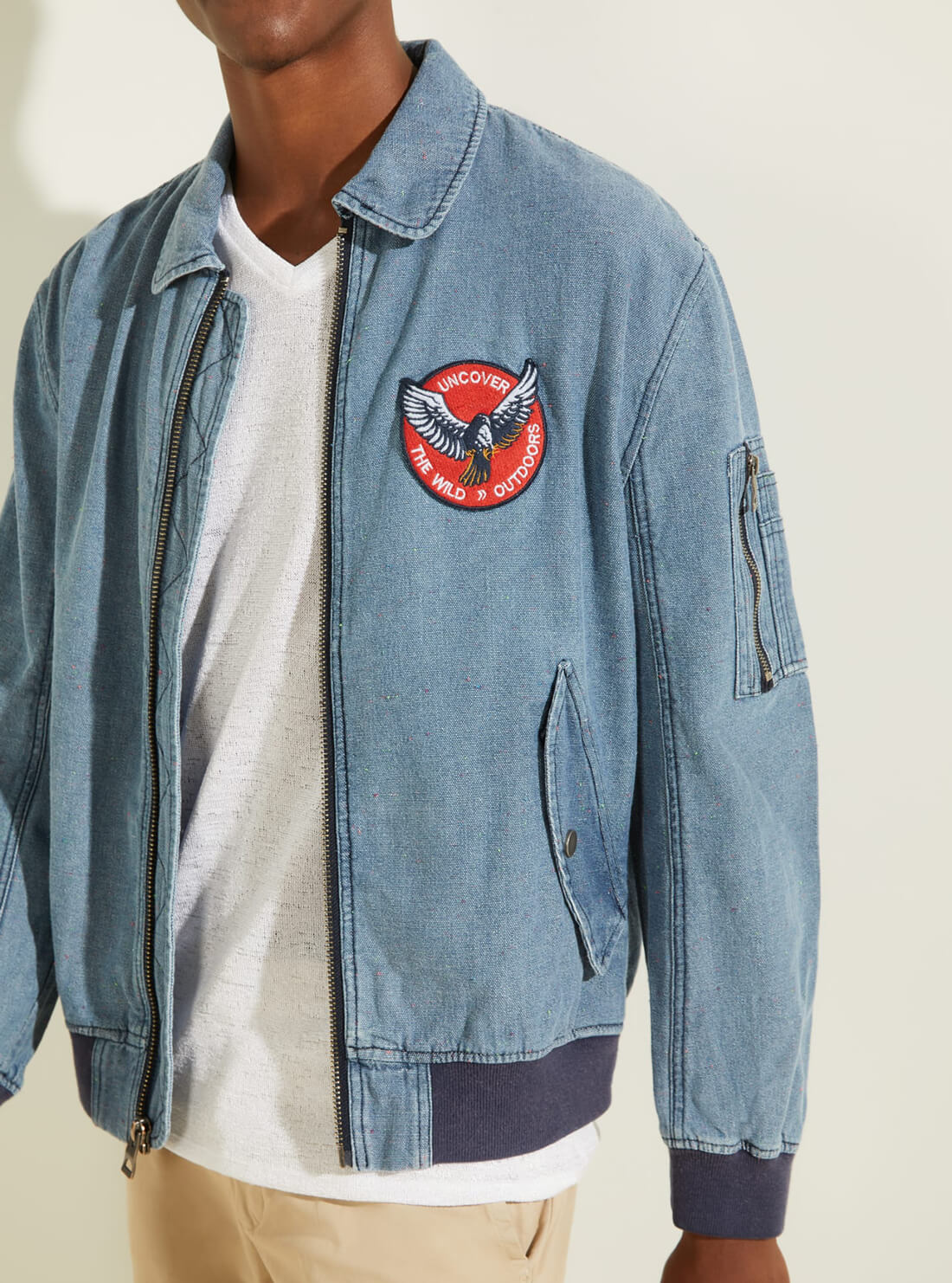 GUESS Mens Osaka Light Indigo Bomber Jacket M1YL03RDZS0 Detail View