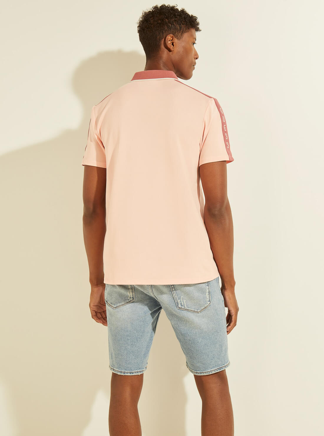 GUESS Mens Blossom Pink Pique Logo Taping Polo T-Shirt M91P71R7PU0 Back View