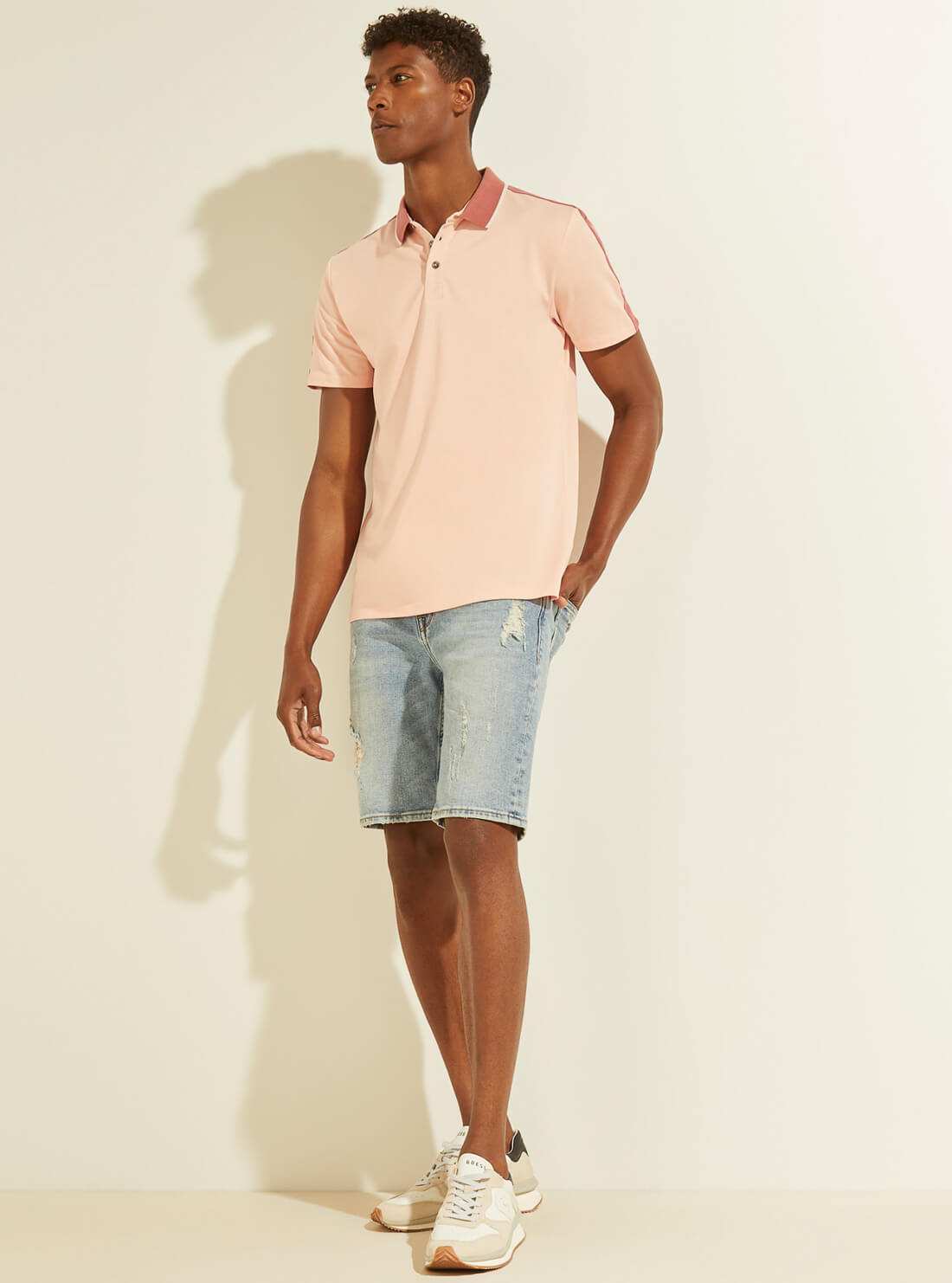 GUESS Mens Blossom Pink Pique Logo Taping Polo T-Shirt M91P71R7PU0 Full View