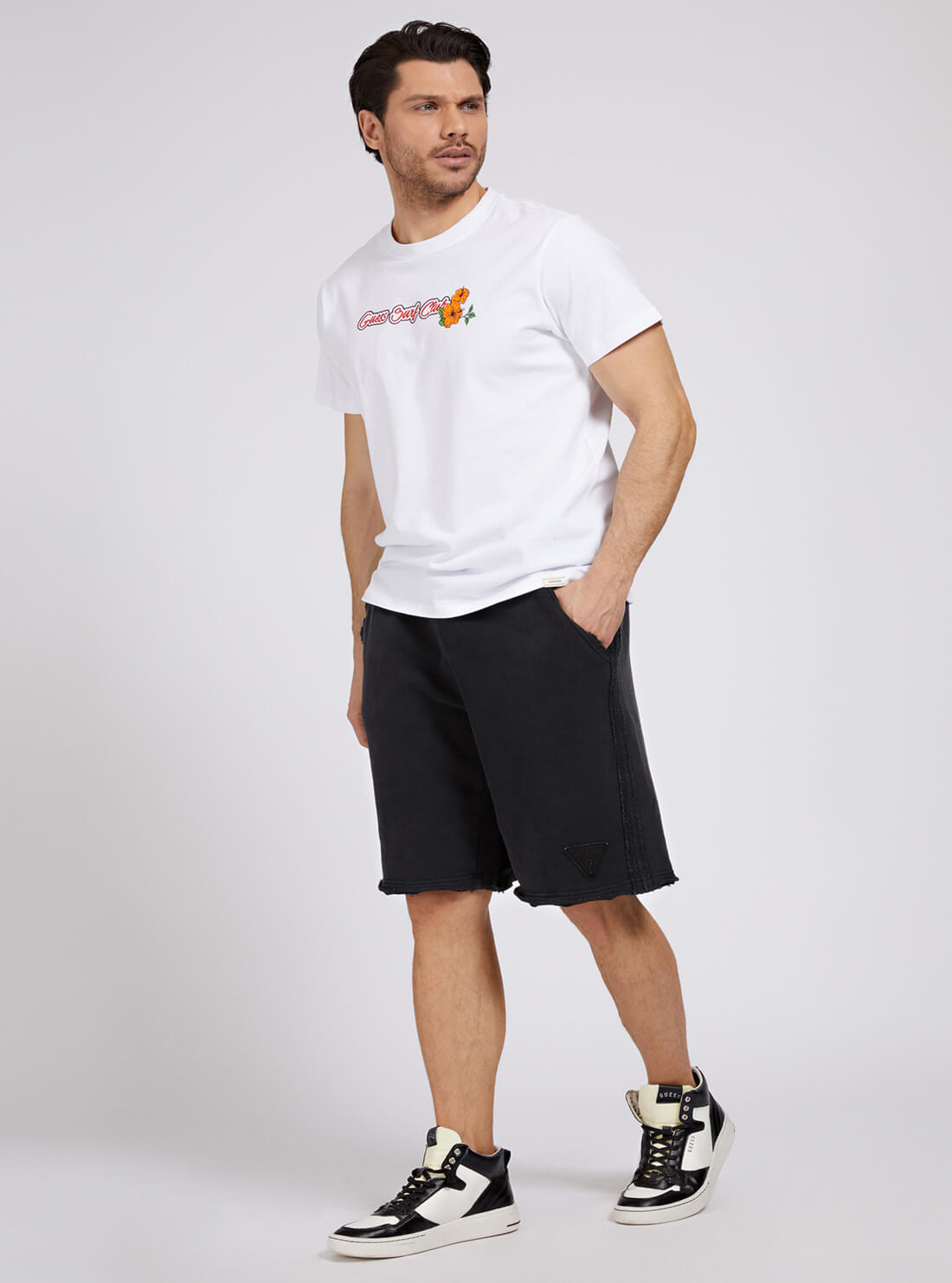 GUESS Mens Black Relaxed Patch Shorts M1GD55K68I1 Model Full View