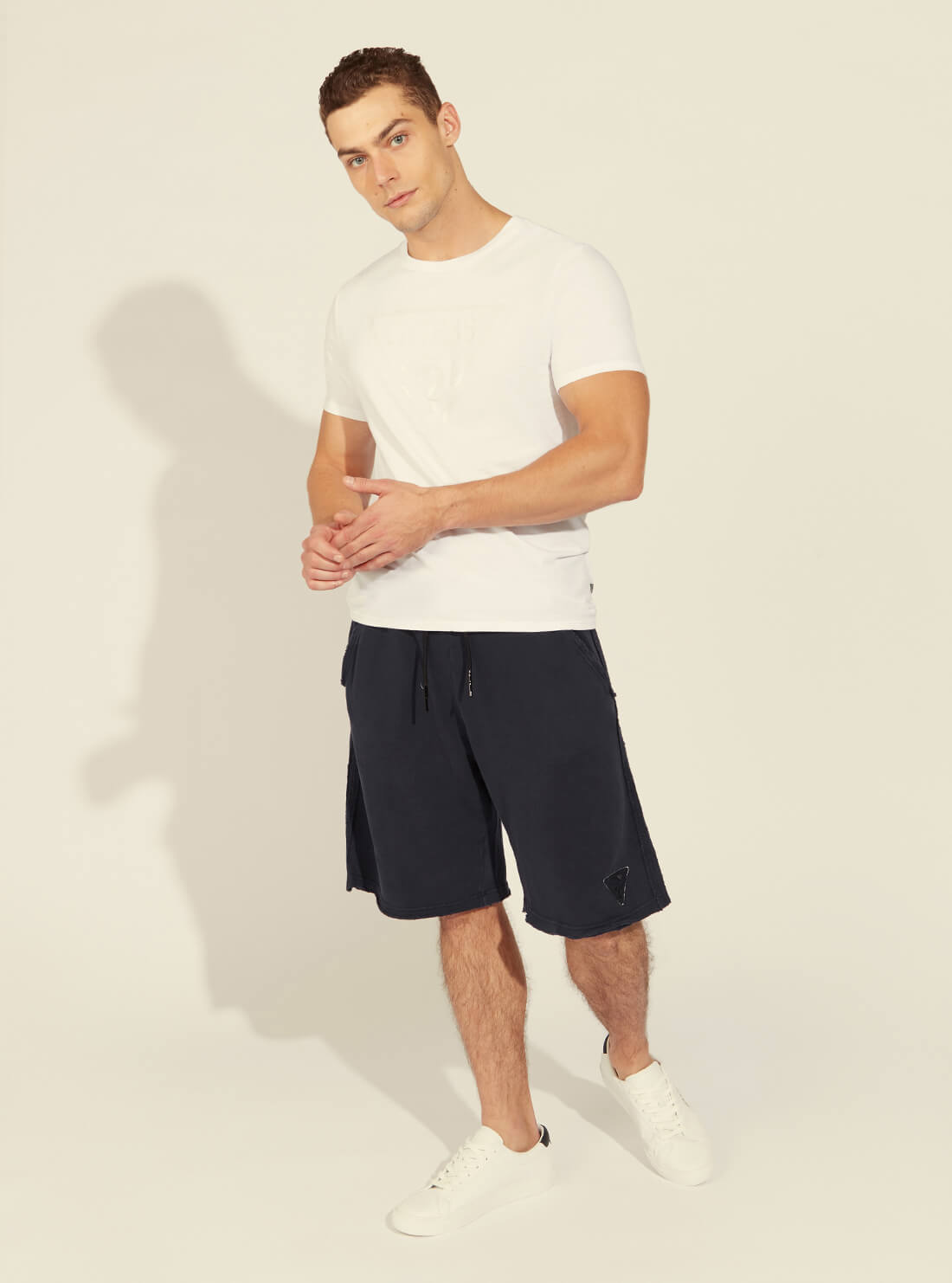 GUESS Mens Blue Relaxed Patch Shorts M1GD55K68I1 Model Full View