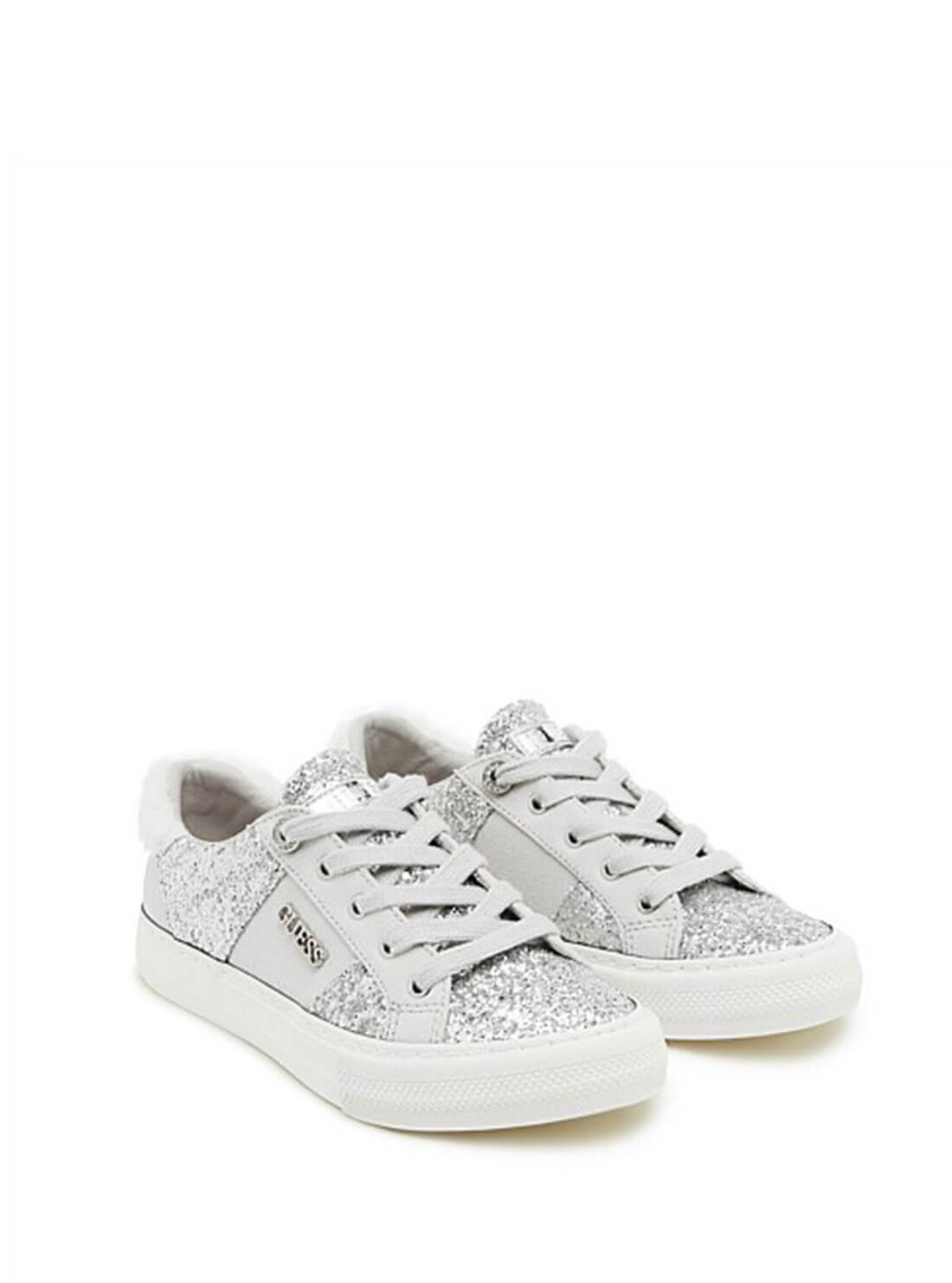 GUESS Womens Silver Sparkle Loven Low-Top Sneakers LOVEN3-A Front View