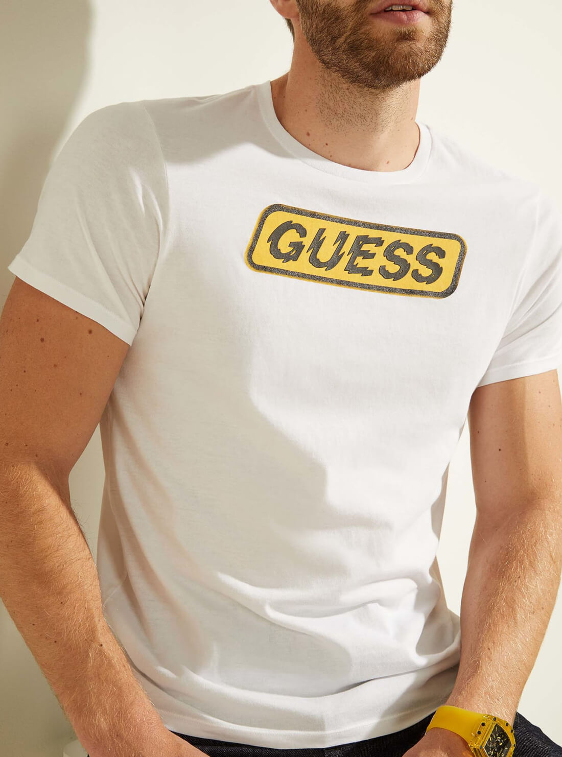 GUESS Mens White Spliced Logo T-Shirt  MBGI31R9RMB Detail View
