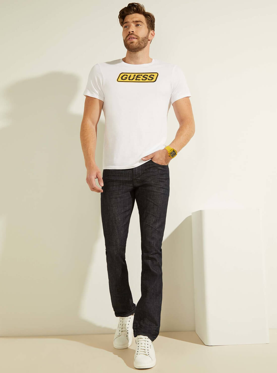 GUESS Mens White Spliced Logo T-Shirt  MBGI31R9RMB Full View