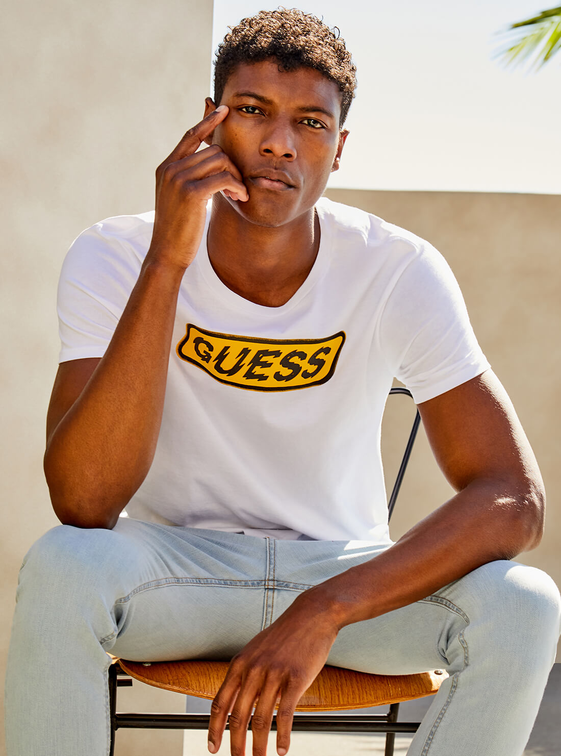GUESS Mens White Spliced Logo T-Shirt  MBGI31R9RMB Model View