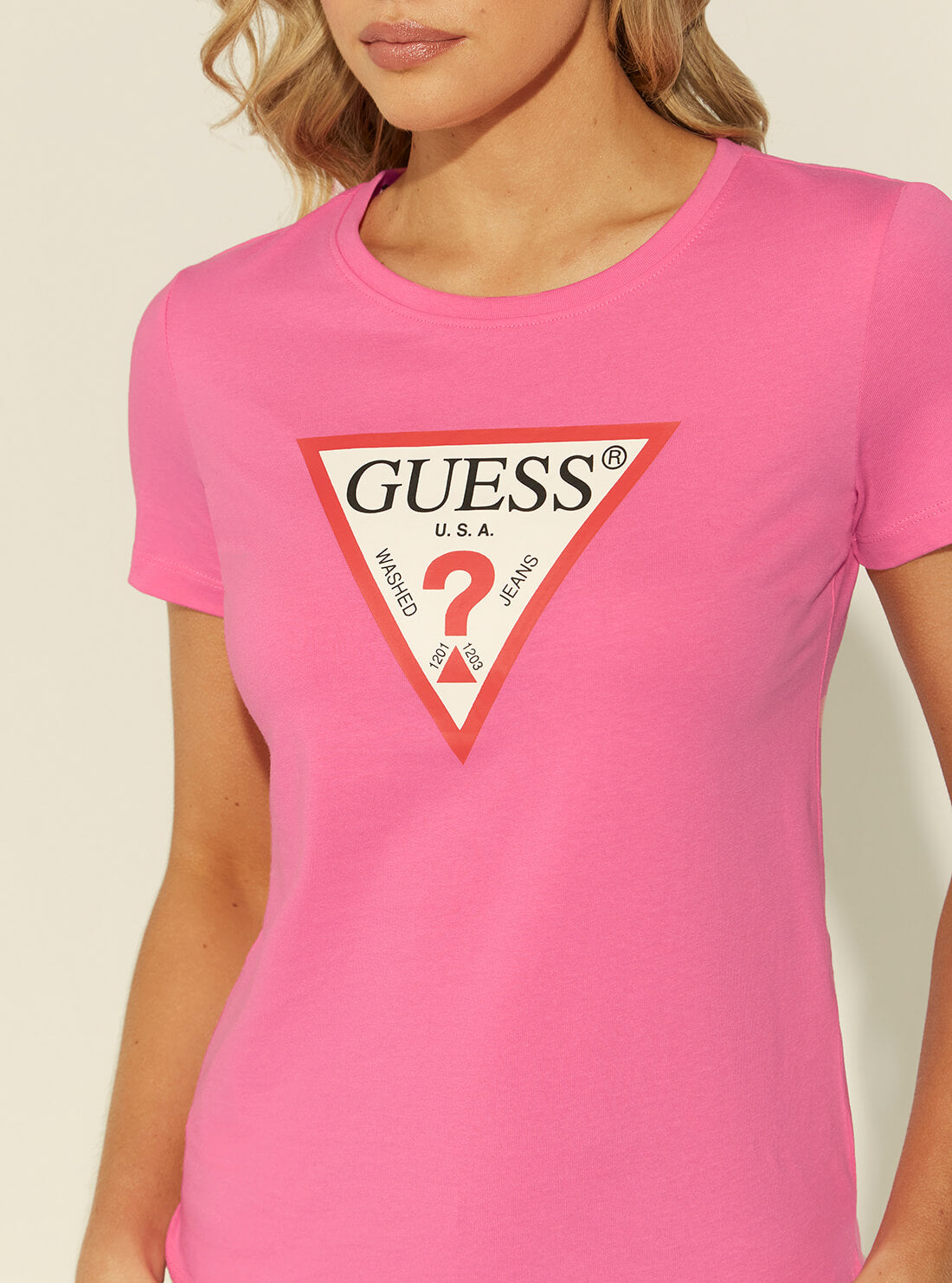 GUESS Womens Pink Triangle Logo Originals T-Shirt W1YI1BI3Z11 Detail View