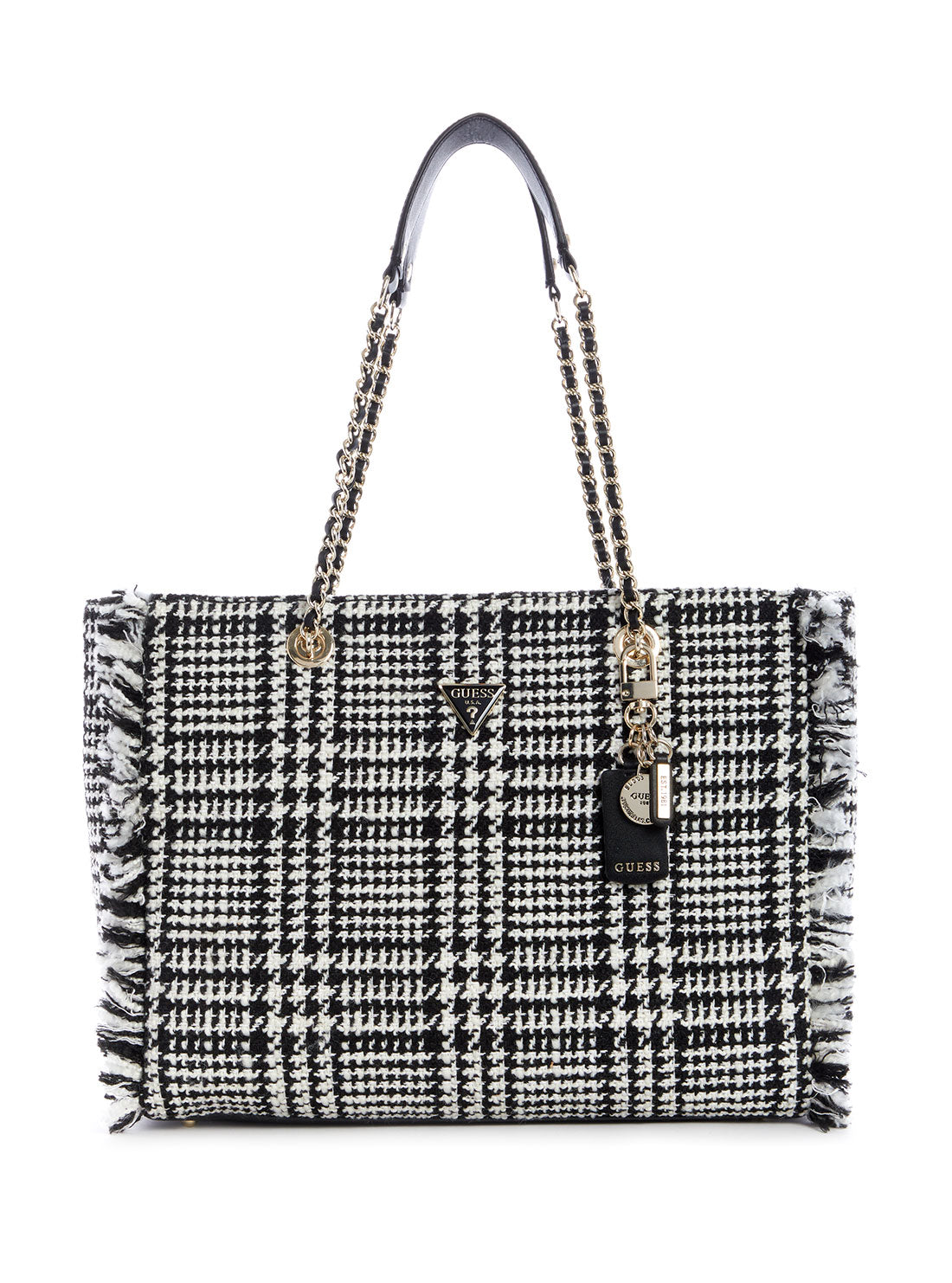 GUESS Womens Black & White Tweed Cessily Tote Bag TB767923 Front View