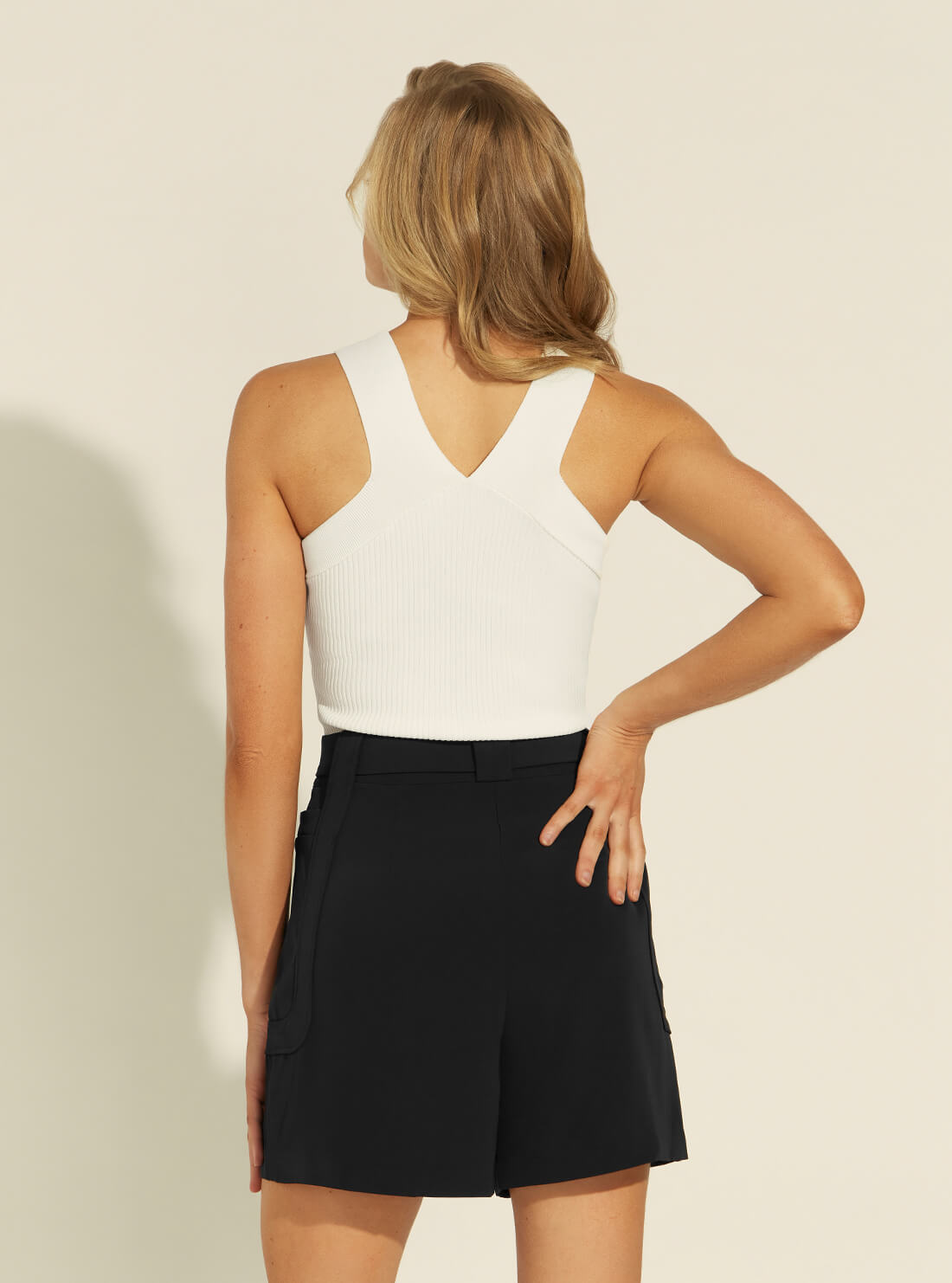 GUESS Womens White V-Neck Ribbed Ava Top  W1YR0YZ2U00 Back View