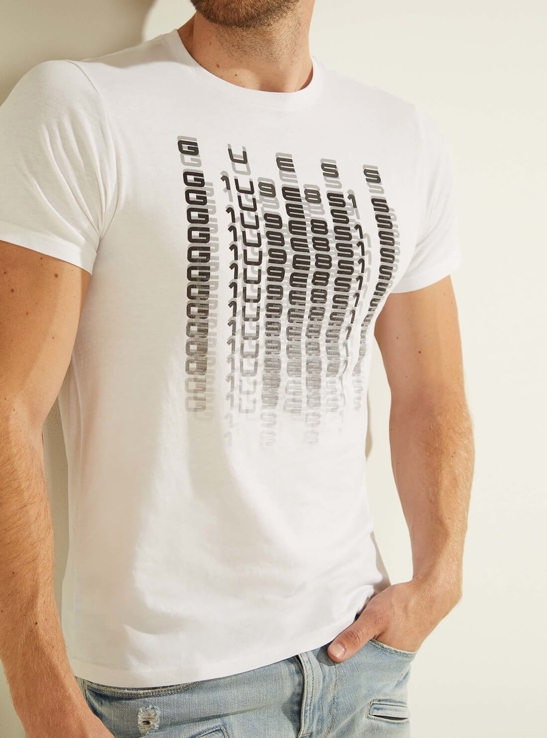 GUESS Mens White Repeater Logo T-Shirt MBGI31R9RMA Detail View
