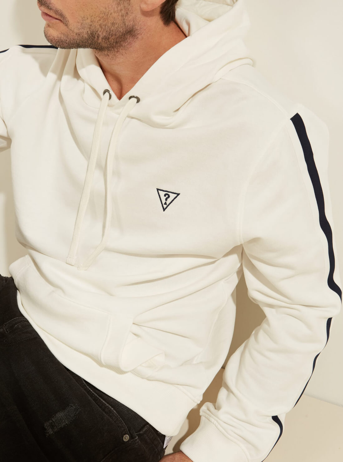 GUESS Mens White Terry Contrast Stripe Hoodie M1GQ35R4BD3 Detail View