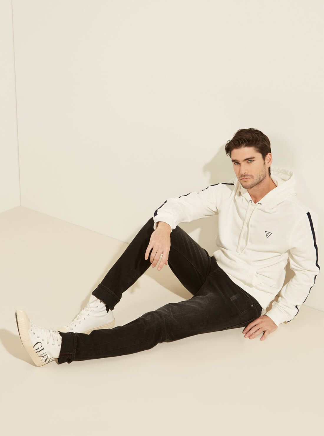 GUESS Mens White Terry Contrast Stripe Hoodie M1GQ35R4BD3 Full View
